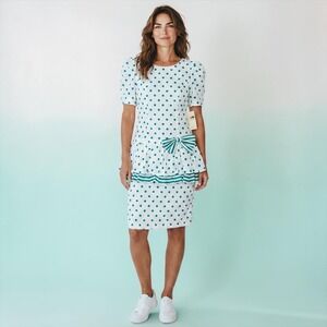 Sunshine Starshine Vintage 80s Polka Dot Peplum Dress Teal White Bow Size 14 NWT